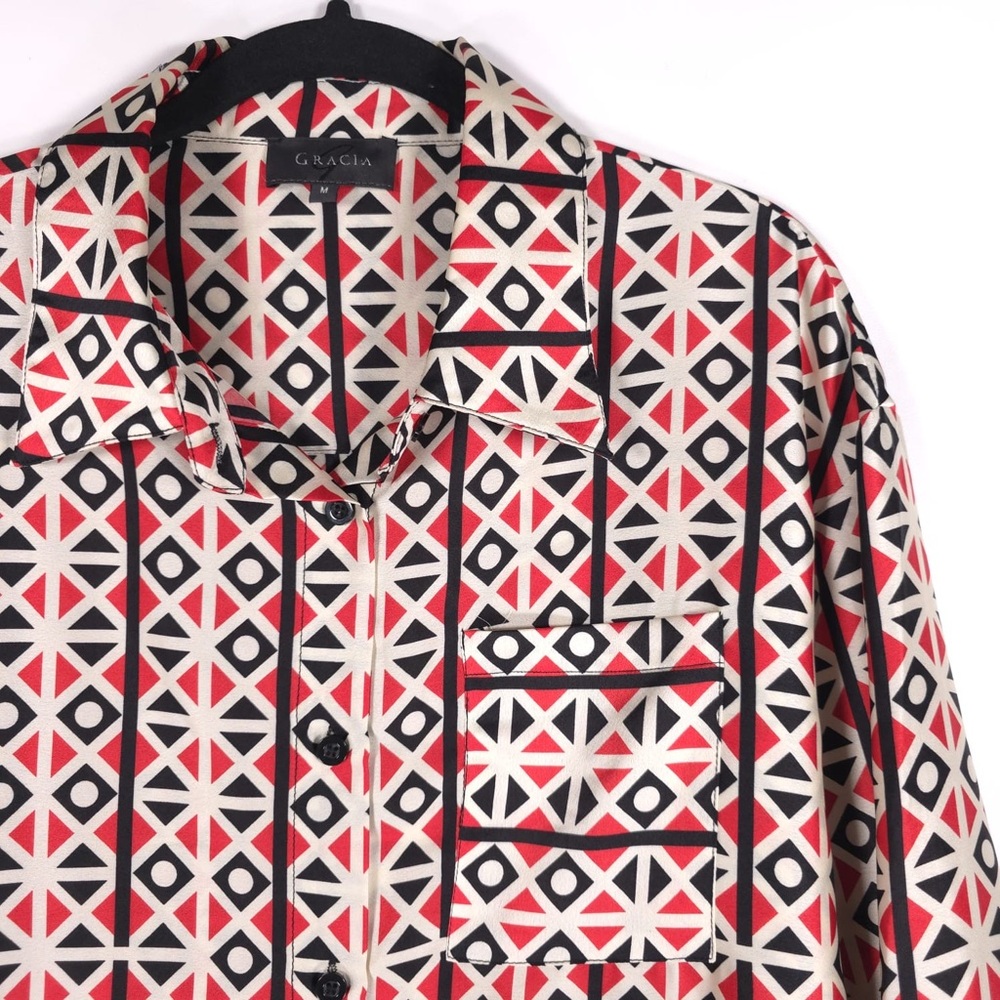GRACIA Women’s Silky Shirt Button Front Long Sleeve Multicolor Geometric MEDIUM - Picture 5 of 10